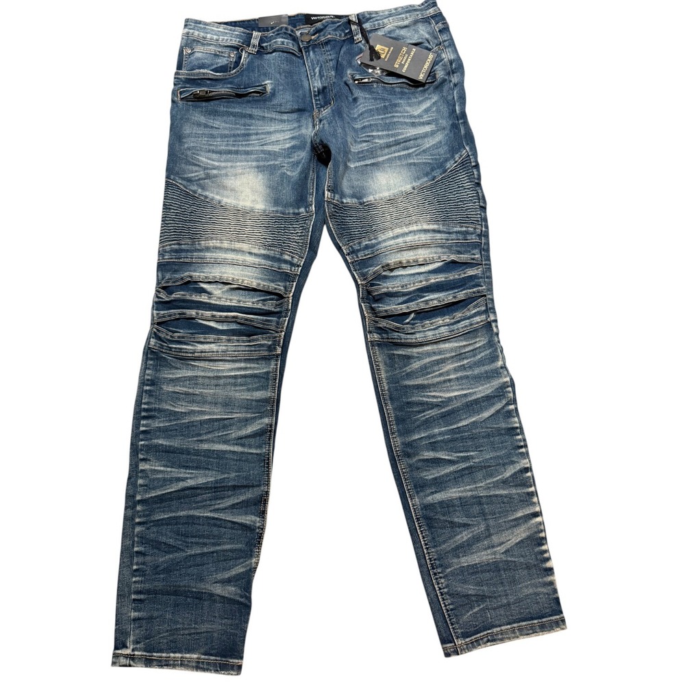 NWT Victorious Mens Artisanal Creased Moto Biker Denim Jeans 38x32 Indigo Strtch